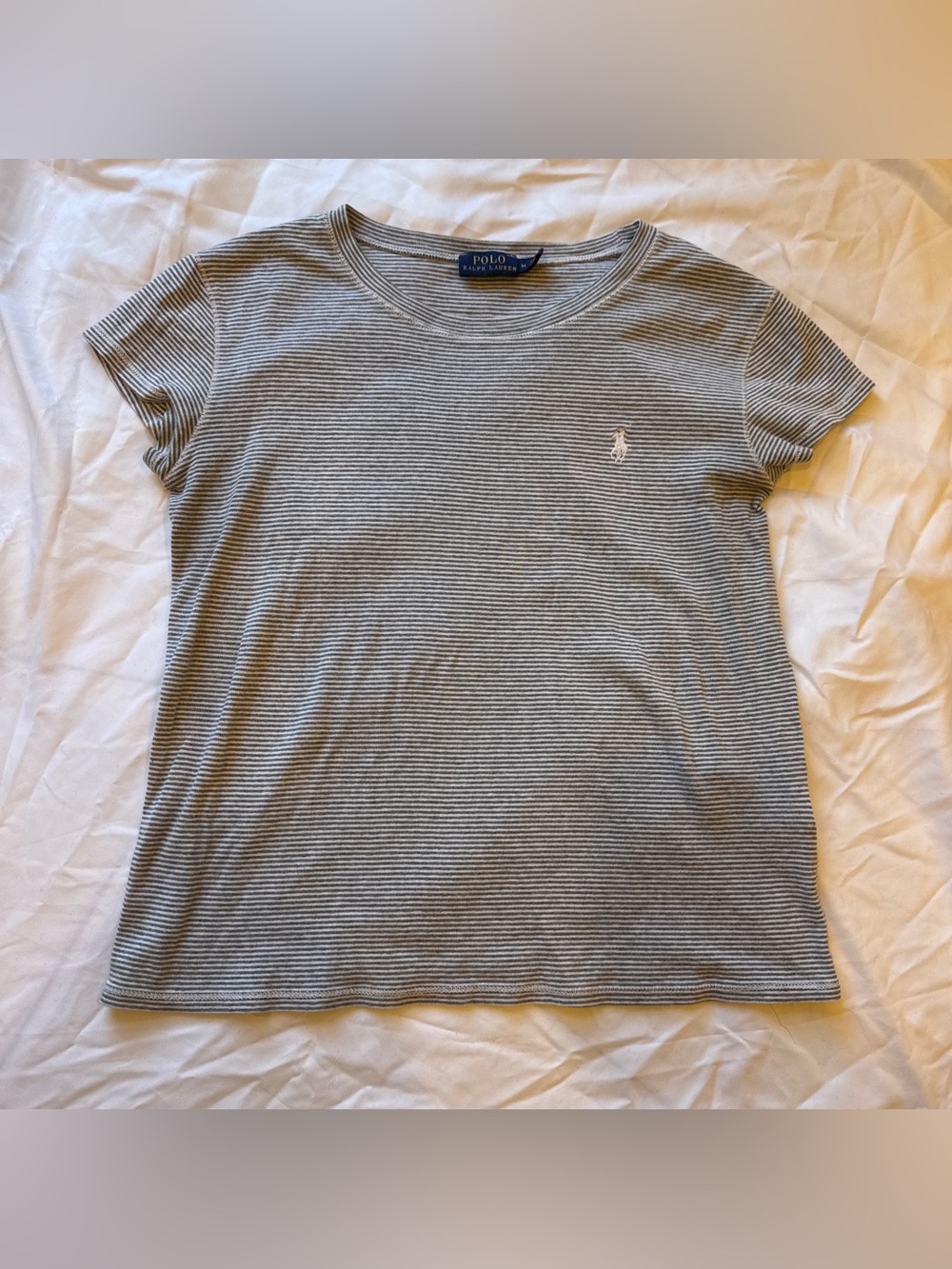 Polo Ralph Lauren Gray White Striped Baby Tee M Preppy Coastal Y2K Classic